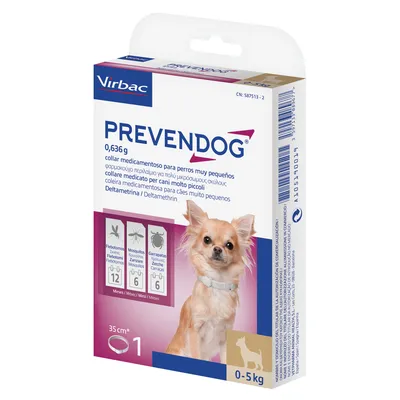 Virbac PREVENDOG collar medicamentoso para perros muy pequeños, 0,636 g, deltametrina, 35 cm, 1 unidad, indicado para perros de 0–5 kg. Imagen de un perro pequeño con collar.