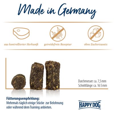 Proizvedeno u Njemačkoj. Iz kontroliranog podrijetla, receptura bez žitarica, bez dodatka šećera. Preporuka za hranjenje: nekoliko komada dnevno kao nagrada ili tijekom treninga.