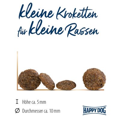 Kleine Kroketten für kleine Rassen. Höhe ca. 5 mm, Durchmesser ca. 10 mm. Happy Dog Logo sichtbar.