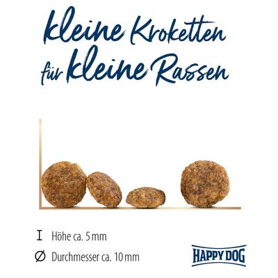 Kleine Kroketten für kleine Rassen. Höhe ca. 5 mm, Durchmesser ca. 10 mm. Happy Dog Logo sichtbar.