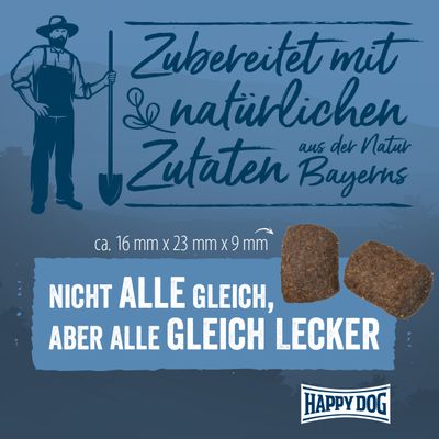 Tillagad med naturliga ingredienser från Bayerns natur. Storlek ca 16 mm x 23 mm x 9 mm. Inte alla lika, men alla lika goda. Happy Dog.