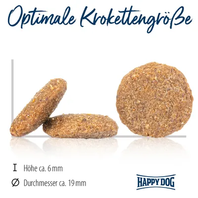 Happy Dog kroketter med optimal storlek: höjd ca 6 mm, diameter ca 19 mm.