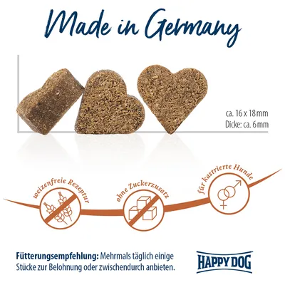 Happy Dog Snacks, Németországban készült, búzamentes receptúra, hozzáadott cukor nélkül, ivartalanított kutyáknak. Méret: kb. 16x18 mm, vastagság: kb. 6 mm. Etetési javaslat: naponta többször néhány darabot kínáljon.