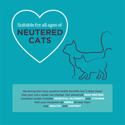 Suitable for all ages of neutered cats. High protein recipe with essential nutrients and vitamins to support health and contentment in neutered cats.