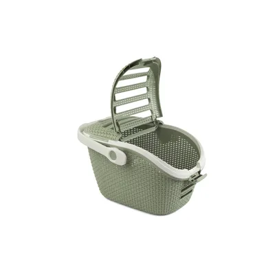 Cestino in plastica verde con bordo bianco e coperchio apribile, chiusura laterale e fessure di ventilazione. Cestino in plastica verde con bordo bianco e coperchio apribile, chiusura laterale e fessure di ventilazione.