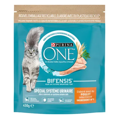 Purina ONE Bifensis Spécial Système Urinaire macskaeledel, 450 g, csomagoláson francia nyelvű információk, látható márkanév és terméknév.