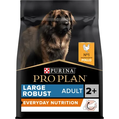 Purina Pro Plan Large Robust Adult 2+ Everyday Nutrition, No1 ingrediente pollo, confezione con immagine di cane e simbolo apertura facile.