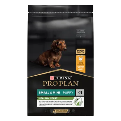 Bag showing high protein puppy food for small and mini breeds, chicken as number one ingredient, no added colourants, with colostrum to support immune response.