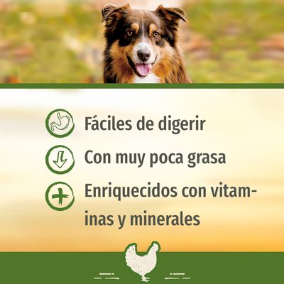 Fáciles de digerir, con muy poca grasa, enriquecidos con vitaminas y minerales. Texto acompañado de iconos y una imagen de perro en la parte superior.