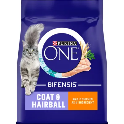 Purina One Bifensis Coat & Hairball, rich in chicken as number one ingredient, shown on product packaging with a cat image and food ingredients.