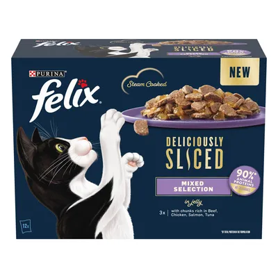 Felix Deliciously Sliced Mixed Selection in jelly, steam cooked, 90% animal proteins, no colourants, includes beef, chicken, salmon and tuna. Pack contains 12 portions.