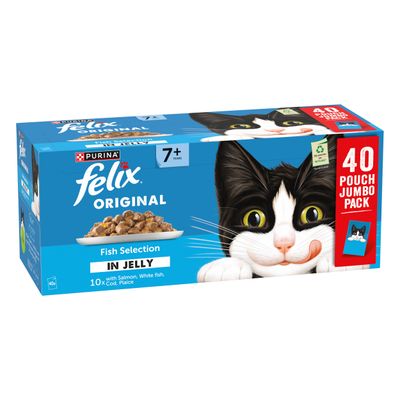 Purina Felix Original Fish Selection in Jelly, 40 Pouch Jumbo Pack, from 7 years, 10x Salmon, Whitefish, Cod, Plaice. Recycling information on packaging.
