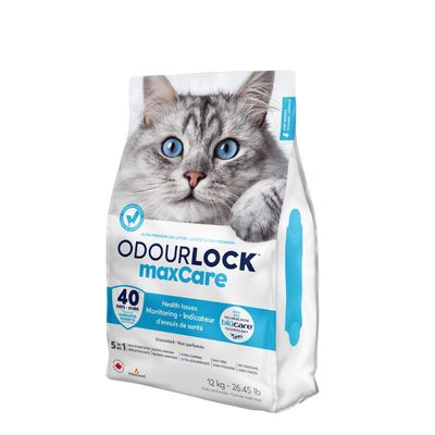Zak Odourlock maxCare kattenbakvulling, 12 kg. Tekst: 40 dagen garantie, Health Issues Monitoring, Unscented, 5 in 1, met technologie bluCare. Niet geparfumeerd.