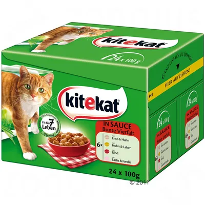 Kitekat IN SAUCE Bunte Vielfalt, 24×100g. Mix: 6× kachna a kuře, 6× kuře a játra, 6× hovězí, 6× losos a pstruh. Fit für 7 Leben. Vitamine. Zelená krabice s obrázkem kočky.