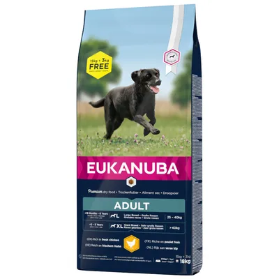 EUKANUBA Adult hondenvoer, 18 kg, voor grote en zeer grote rassen, rijk aan verse kip. Actie: 15 kg + 3 kg gratis. Geschikt vanaf 18 maanden of 2 jaar, afhankelijk van het gewicht.