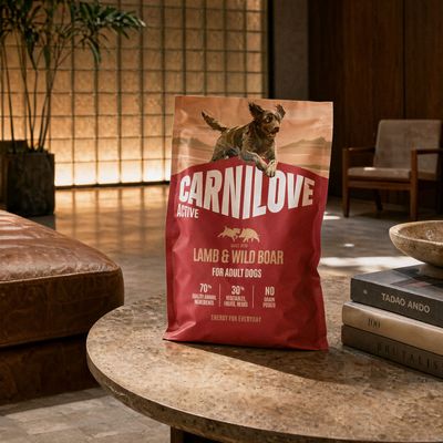 Carnilove Active Agneau & Sanglier pour chiens adultes, 70 % d'ingrédients d'origine animale, 30 % de légumes, fruits, herbes, sans céréales, sans pommes de terre, énergie pour le quotidien.
