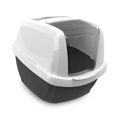 Maison de toilette pour chat en plastique, couvercle blanc avec porte battante transparente et bac noir, poignée intégrée sur le dessus.