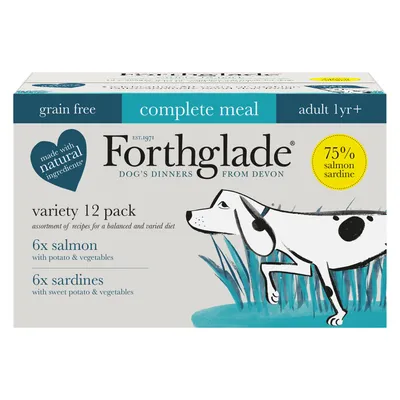 Forthglade variety 12 pack, grain free complete meal for adults 1 year plus. Includes 6 salmon with potato and vegetables, 6 sardines with sweet potato and vegetables. 75% salmon sardine.