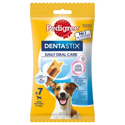Pedigree Dentastix Daily Oral Care för små hundar 5–10 kg, utan tillsatt socker, minskar tandstensbildning med upp till 80 %, rengör svåråtkomliga områden, stödjer tandköttshälsa.