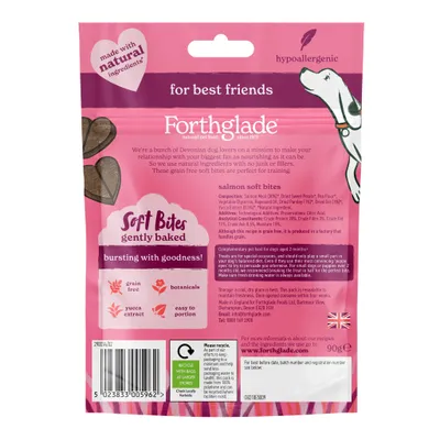 Forthglade salmon soft bites, gently baked, grain free, with botanicals and yucca extract, easy to portion. Made with natural ingredients, hypoallergenic. 90g pack.