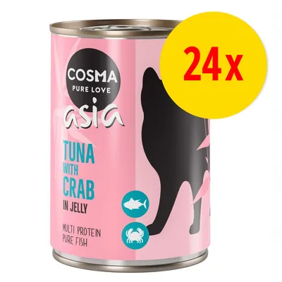Cosma Pure Love Asia, boîte rose de nourriture pour chat, thon et crabe en gelée, multi-protéines pure fish, lot de 24x indiqué sur pastille jaune.