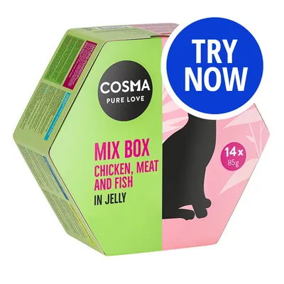Cosma Pure Love Mix Box, chicken, meat and fish in jelly, 14 x 85g. Blue circle with 'Try Now' text.