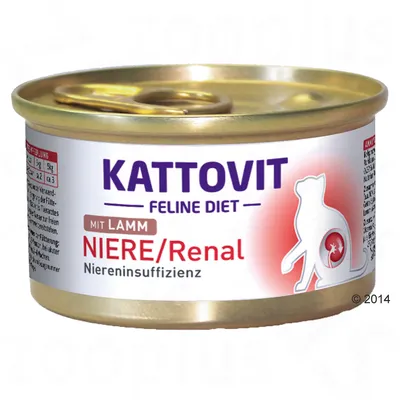 Lata de comida para gatos Kattovit Feline Diet Niere/Renal con cordero. Texto visible: Niereninsuffizienz, MIT LAMM.