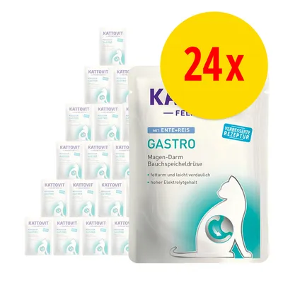 Kattovit Feline Gastro med and og ris, 24x portionsposer. Tekst: Magen-Darm Bauchspeicheldrüse, fettarm und leicht verdaulich, hoher Elektrolytgehalt, verbesserte Rezeptur. Kattovit Feline Gastro med and og ris, 24x portionsposer. Tekst: Magen-Darm Bauchspeicheldrüse, fettarm und leicht verdaulich, hoher Elektrolytgehalt, verbesserte Rezeptur.