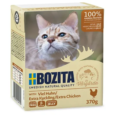 Bozita Swedish Natural Quality, bidder i gelé med meget kylling, 370g, 100% animalsk protein, kornfri, tilberedt med naturlige ingredienser i Vårgårda. Bozita Swedish Natural Quality, bidder i gelé med meget kylling, 370g, 100% animalsk protein, kornfri, tilberedt med naturlige ingredienser i Vårgårda.