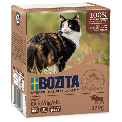 Bozita Swedish Natural Quality krmivo pro kočky s losím masem v želé, 370g. 100% živočišné bílkoviny, bez obilovin, vyrobeno z přírodních surovin ve Vårgårda.