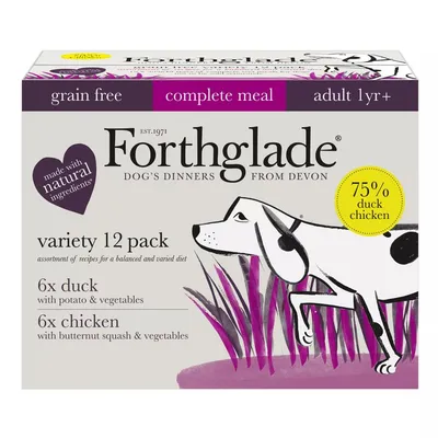 Variety 12 pack with 6 duck and 6 chicken meals, grain free, complete meal for adults 1 year plus, made with natural ingredients, 75% duck and chicken.