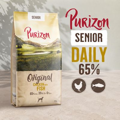 Purizon Senior Daily Original Csirke hallal, 65% csirke és hal, 35% egyéb összetevők, 0% gabona, 12 kg. Idős állatok számára.