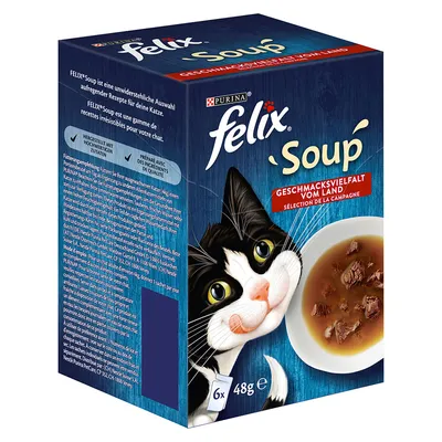 Balení Purina felix Soup, 6×48g. Viditelný obrázek polévky s kousky masa pro kočky. Text: Geschmacksvielfalt vom Land, Sélection de la campagne.