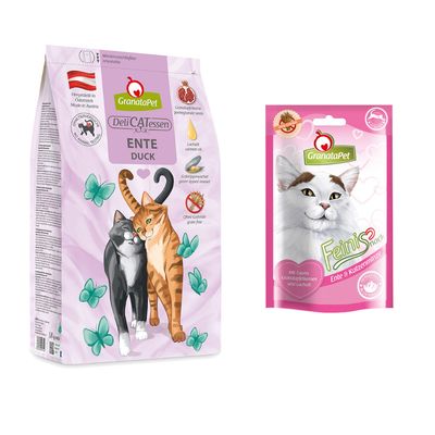GranataPet DeliCATessen ENTE DUCK crocchette per gatti, semi di melagrana, olio di salmone, senza cereali. A destra: snack GranataPet Feinis. Cerchio arancione con testo: Provami!
