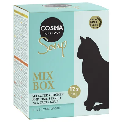 Cosma Pure Love Soup Mix Box, 12 x 40g. Grain-free recipe with selected chicken and fish in delicate broth.