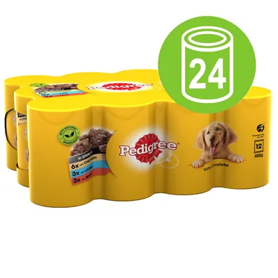 Pedigree влажный корм для собак, мультипак, 24 банки по 400 г. Варианты: 6x курица, 3x ягненок, 3x говядина. С натуральными ингредиентами, 100% полноценный.