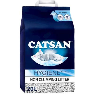 Catsan Hygiene Plus non clumping litter, 20 litres. Easy opening instructions shown on top right of packaging.