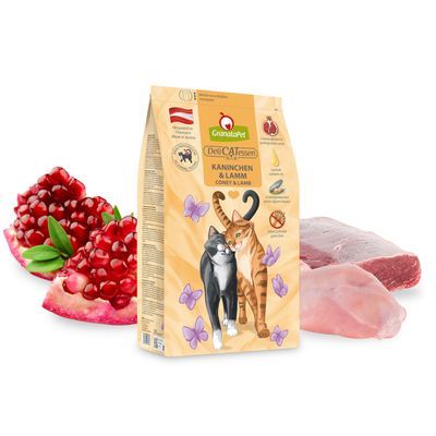 GranataPet DeliCATessen iepure și miel. Produs în Austria, fără teste pe animale, fără cereale, cu semințe de rodie, midie cu cochilie verde și ulei de somon. Ambalaj resigilabil.