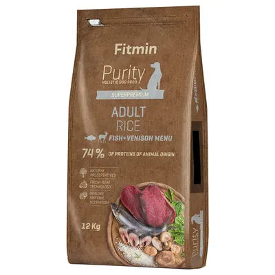 Fitmin Purity Holistic hundefoder Superpremium Adult ris fisk + vildt menu, 74% animalsk protein, naturlige konserveringsmidler, shiitake-svampe, friskkød-teknologi, 12 kg.