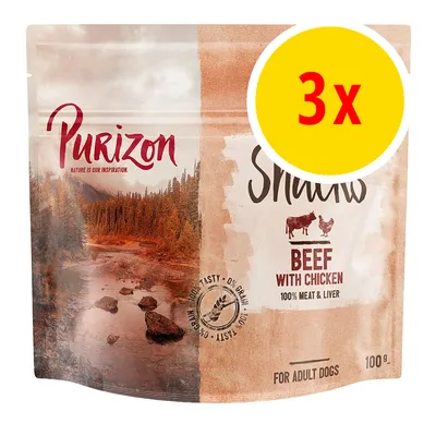 Purizon Snacks beef with chicken, 100% meat and liver, grain-free, for adult dogs, 100g pack. Yellow circle shows 3x indicating a multipack. Purizon Snacks beef with chicken, 100% meat and liver, grain-free, for adult dogs, 100g pack. Yellow circle shows 3x indicating a multipack.