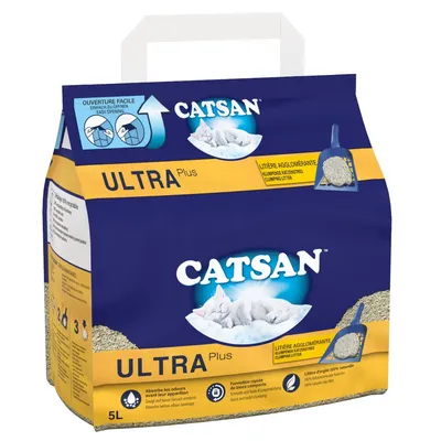 Catsan Ultra Plus clumping litter, 5L pack, with easy opening instructions and icons showing odour absorption, quick clumping, and 100% natural clay features.