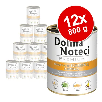 Dolina Noteci Premium, 12×800 g konzerv. Text na obalu: BOGATA W KACZKĘ Z DYNIĄ, karma pro dospělé psy všech ras. Ikony: vaječný žloutek, bazalka, dýně, lněný olej.