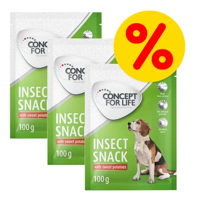 Concept for Life Insect Snack mit Süßkartoffeln, 100g. Single Insect Protein, niedriges allergenes Potenzial, ohne Getreide. Prozentzeichen für Rabattaktion.