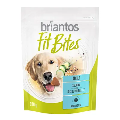 briantos Fit Bites, ADULT, SALMON with RICE & COURGETTE, MONOPROTEIN, 150 g; obal s obrázkem psa a plátky okurky briantos Fit Bites, ADULT, SALMON with RICE & COURGETTE, MONOPROTEIN, 150 g; obal s obrázkem psa a plátky okurky