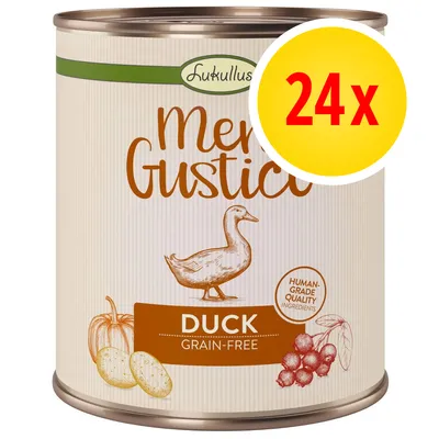 Pack of 24 grain-free duck tins with human-grade quality ingredients, illustrated with duck, pumpkin, potato and berries. Label states 'Duck Grain-Free' and 'Human-Grade Quality Ingredients'.