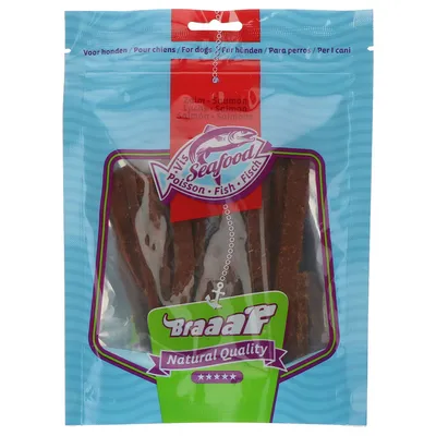 Braaaf Natural Quality hondensnack van zalm, verpakking met venster en tekst 'Seafood - Fisch'. Voor honden. Viersterrenbeoordeling zichtbaar.