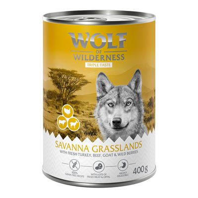 Wolf of Wilderness консервa, The Taste of the Mediterranean, 100% беззерновой рецепт со свежим ягненком, курицей, форелью и бузиной, 400 г.