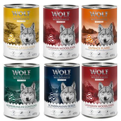 Mixpaket Wolf of Wilderness: Mediterranean Coastlines, Green Fields, Stony Creek, Wild Hills, Wide Acres. Synliga texter: 100 % grain-free recipe, triple taste, adult, mini, 400 g.