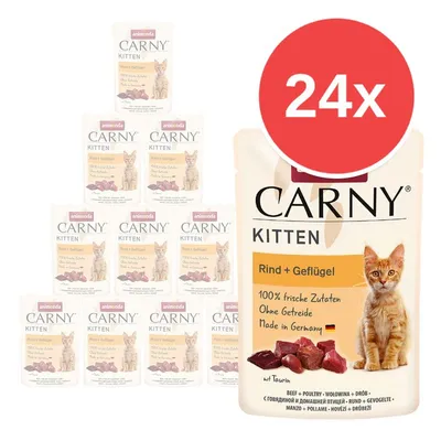 Animonda Carny Kitten Rind + Geflügel, 24× kapsička, 100% frische Zutaten, Ohne Getreide, Made in Germany, obrázek kotěte a masa na obalu.