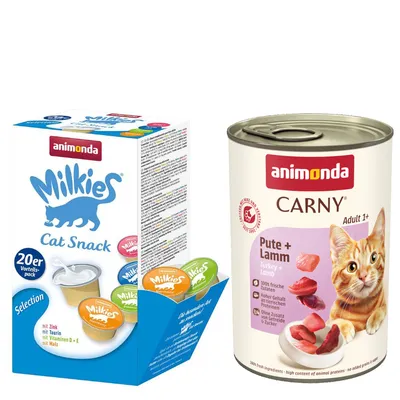 animonda mix balenie: 12 x 400 g Carny Adult + 20 x 15 g Milkies Selection - morčacie a jahňacie + Milkies Snack (4 druhy)